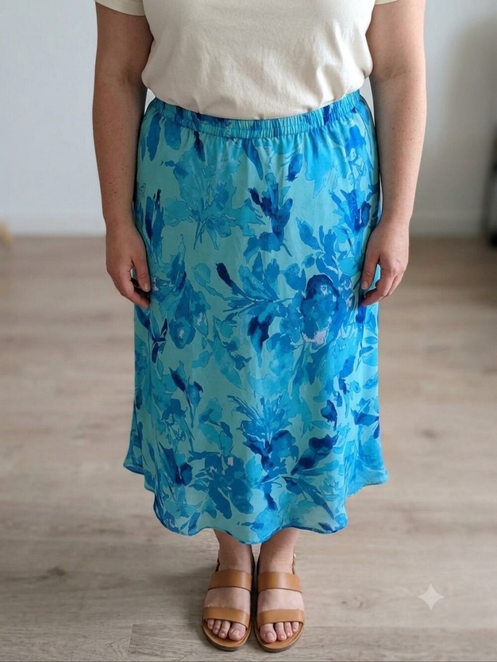 Aqua Blue Floral Festival Fairycore Y2K Elastic Waist Pull On Midi Skirt Size 18
